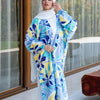 Printed Satin Kimono - Blue - Baby Blue - White
