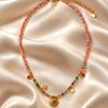 Pink Beaded Necklace - Turquoise - Gold - White