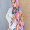 Printed Fluffy Scarf - White - Blue- Orange