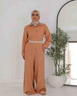 Comfy Linen Jumpsuit with Wide Leg Modest Style | Tie Shop | Light Olive Green
