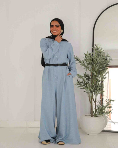 Comfy Linen Jumpsuit with Wide Leg Modest Style | Tie Shop | Blue