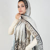 Printed Satin Scarf - Light Grey - Beige - Dark Brown