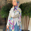 Printed Fluffy Scarf - White - Blue- Pink