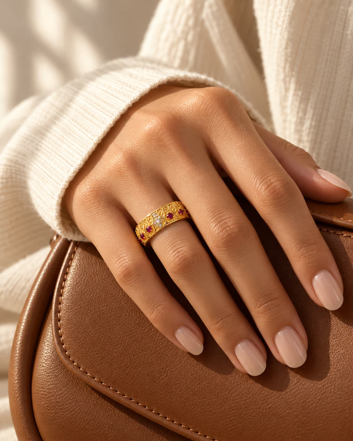 Tie Shop Royal Rings gold band with ruby red stones and cz crystals on model hand. خواتم نسائية من تاى شوب رويال رينجز، خاتم ذهبي منقوش بحجر الياقوت الأحمر الملكي وفصوص زركون، مجوهرات وإكسسوارات أنيقة.