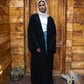 Tie Shop Remal open front long cardigan front view. كارديجان رمال طويل ومفتوح من تاي شوب، تصميم عصري أنيق للحجاب والملابس.