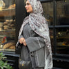 Printed Fluffy Scarf - Brown - Grey - White