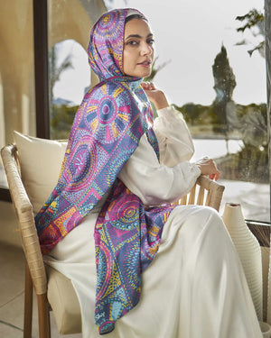 Printed Satin Scarf Elegant Soft Designs for Women | Tie Shop | Fuchsia - Yellow - Blue