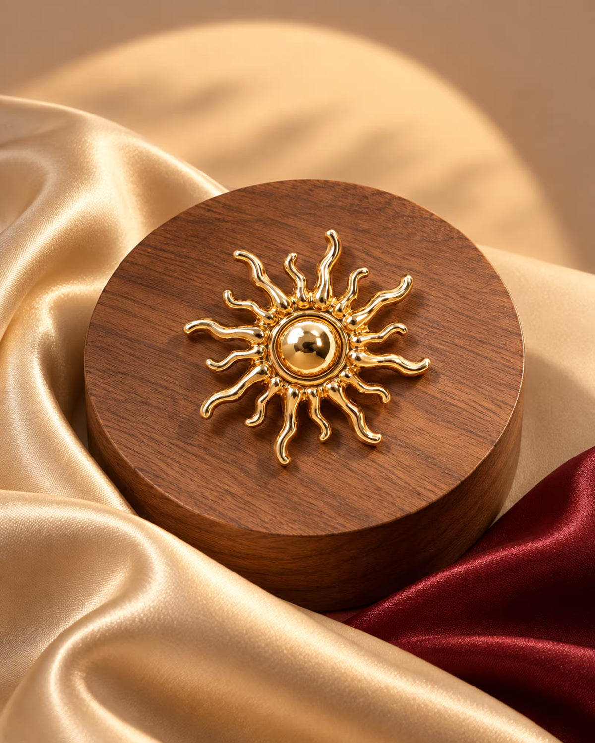 Tie Shop Gold Sunburst Brooch on wooden stand with satin fabric. بروش نسائي من تاي شوب بأشعة شمس ذهبية بارزة، إكسسوار أنيق للحجاب والملابس.