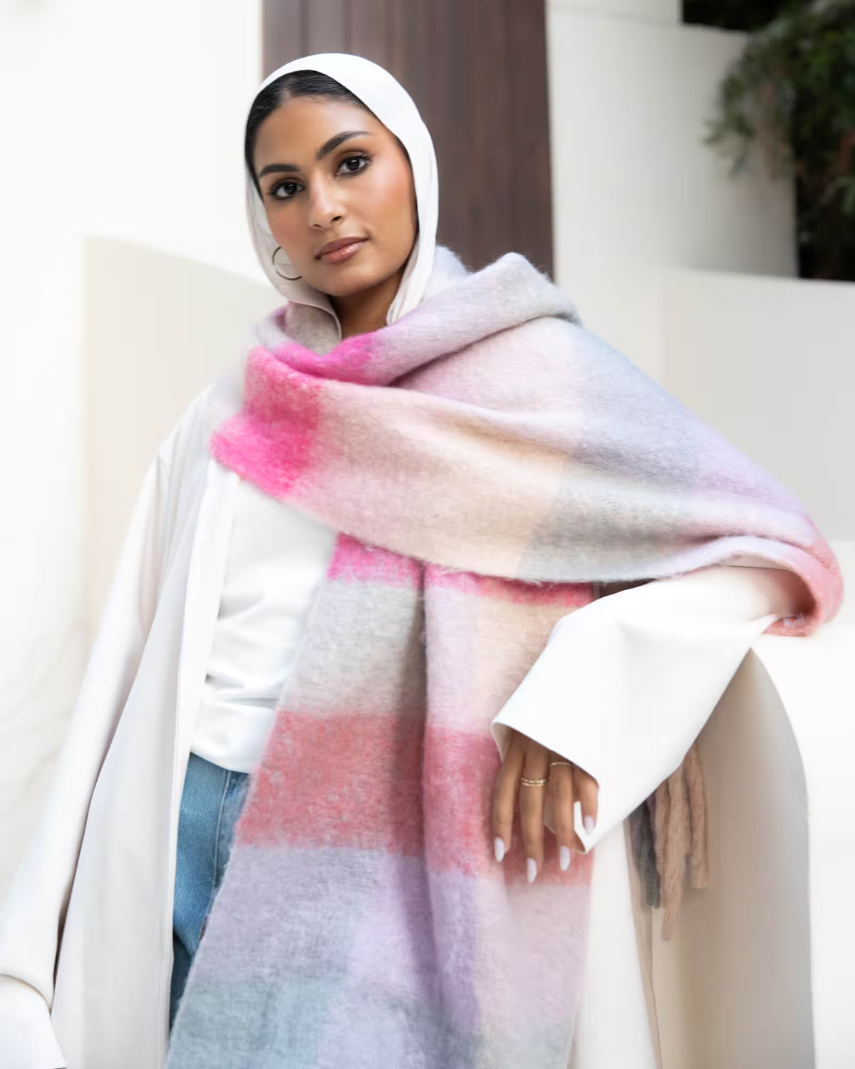 Warm Shawl | Soft & Cozy Winter Accessory | Tie Shop | Light Pink - Fuchsia - Blush Beige