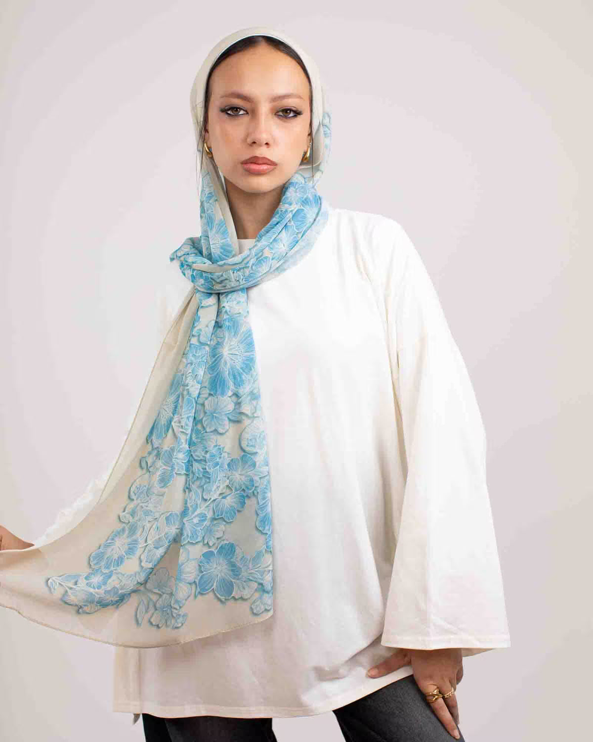 Sea Blue Chi-Chi Chiffon Scarf with Soft Printed Flow | Tie Shop | 