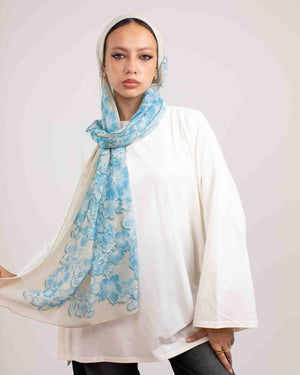 Sea Blue Chi-Chi Chiffon Scarf with Soft Printed Flow | Tie Shop | 