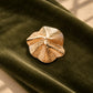 Detailed view of Tie Shop Sculptural Shell Gold Brooch, a statement metallic pin designed for formal dresses, outfits, and hijabs. عرض تفصيلي لـ بروش ذهبي بتصميم صدفة تجريدية من تاي شوب، دبوس معدني مميز لتزيين فساتين السهرة والحجاب.